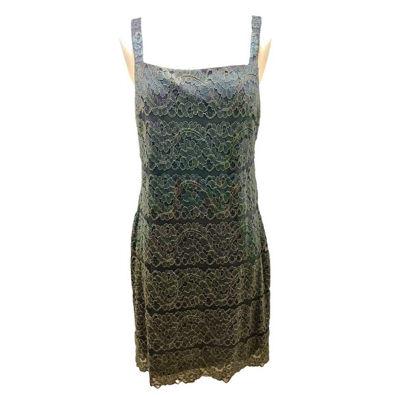 Jessica Howard NEW Lace Panel Sleeveless Sheath Dress Charcoal Gold Metallic 14P - Picture 4 of 13